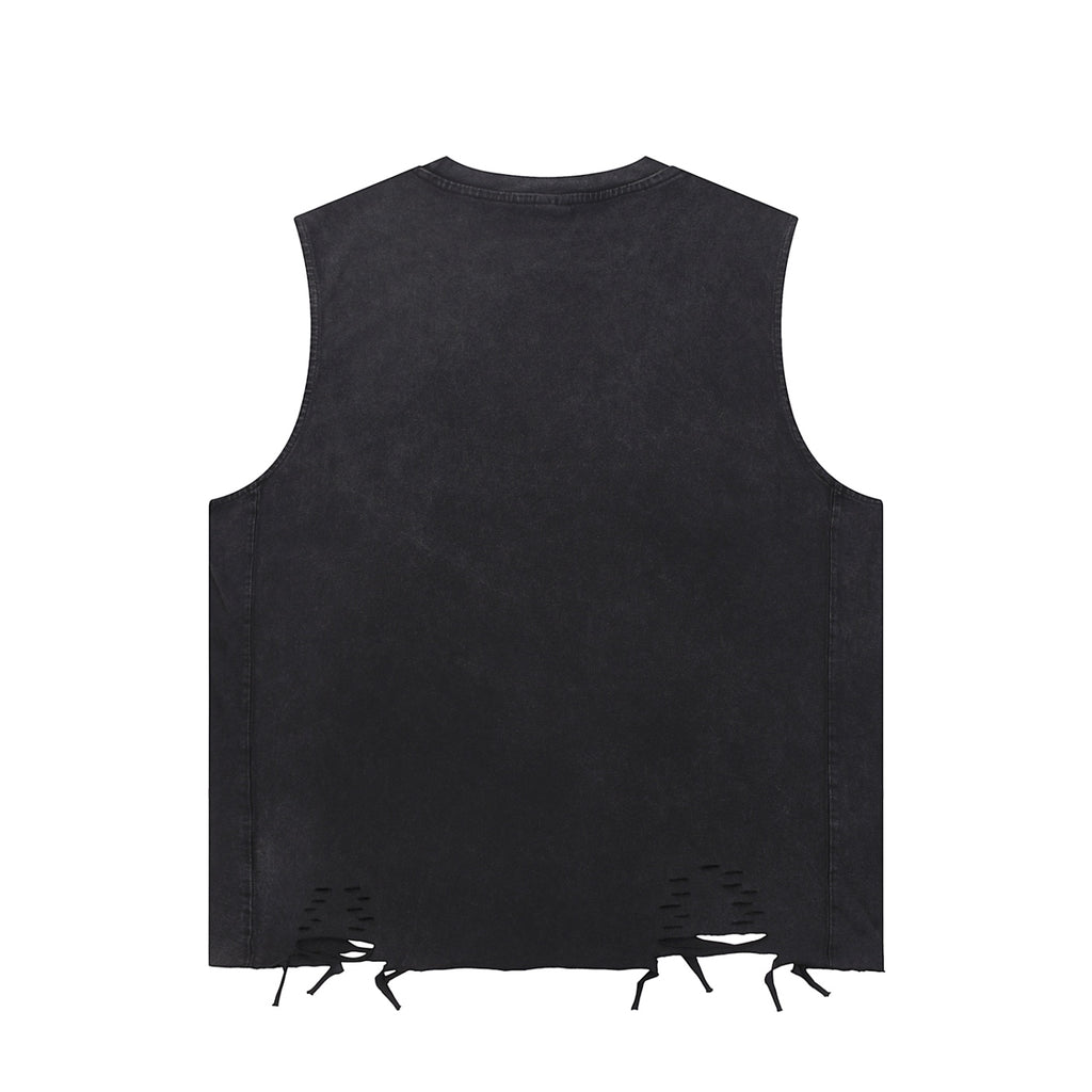 Anointed Garments washed-black cotton sleeveless tank top with a distressed ripped hem and crew neck design.