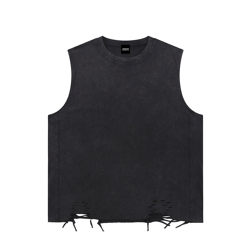 Anointed Garments washed black cotton sleeveless tank top with a crew neck and distressed raw hem detail.