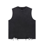 Anointed Garments washed black cotton sleeveless tank top with a crew neck and distressed raw hem detail.