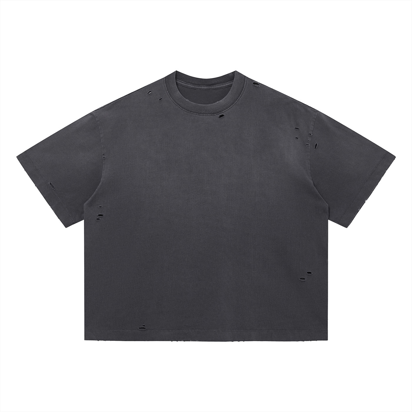 Anointed Garments charcoal grey heavyweight cotton crewneck t-shirt with distressed, frayed detailing and boxy fit.