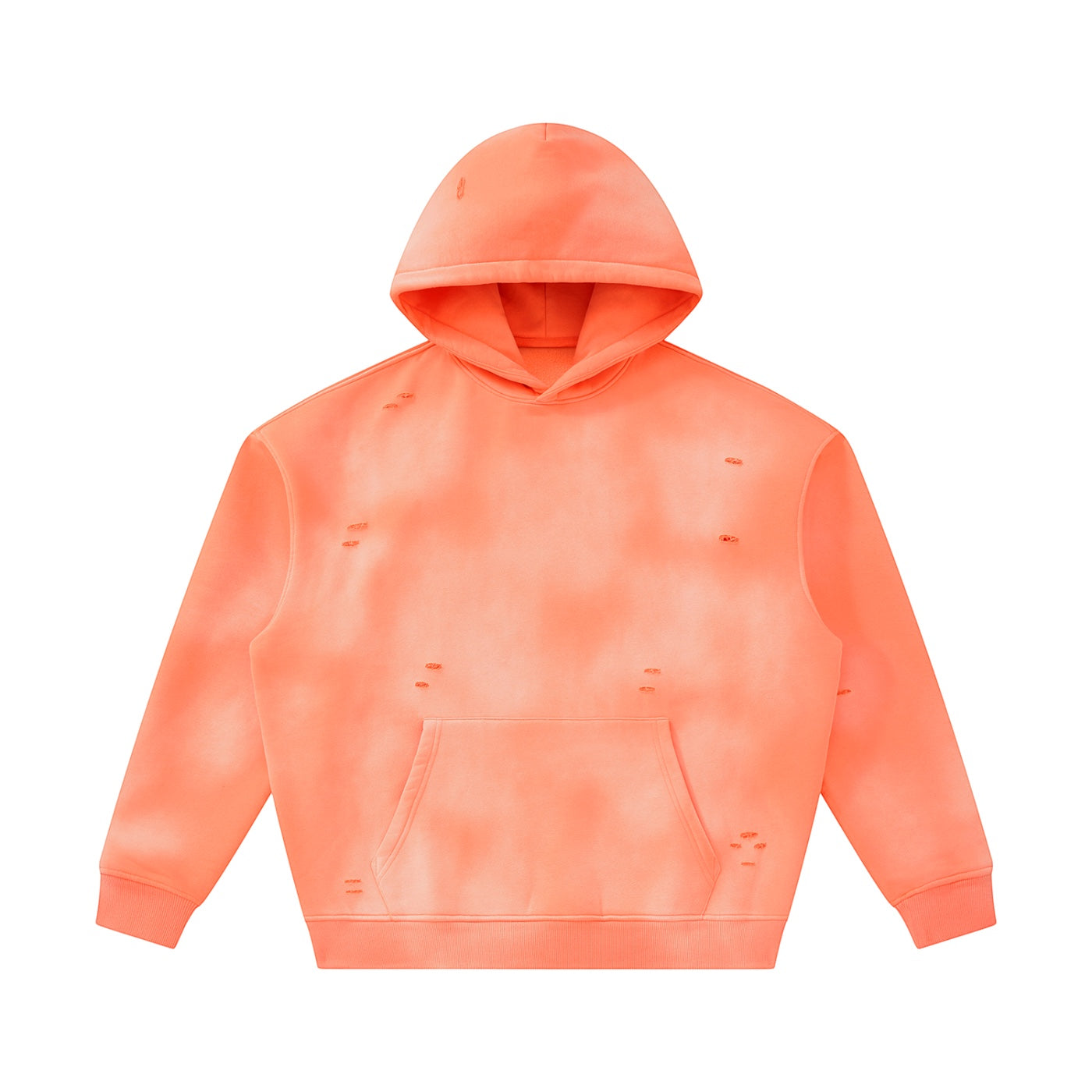 Anointed Garments distressed pullover hoodie in bright coral with a washed finish, kangaroo pocket, and raw edges.