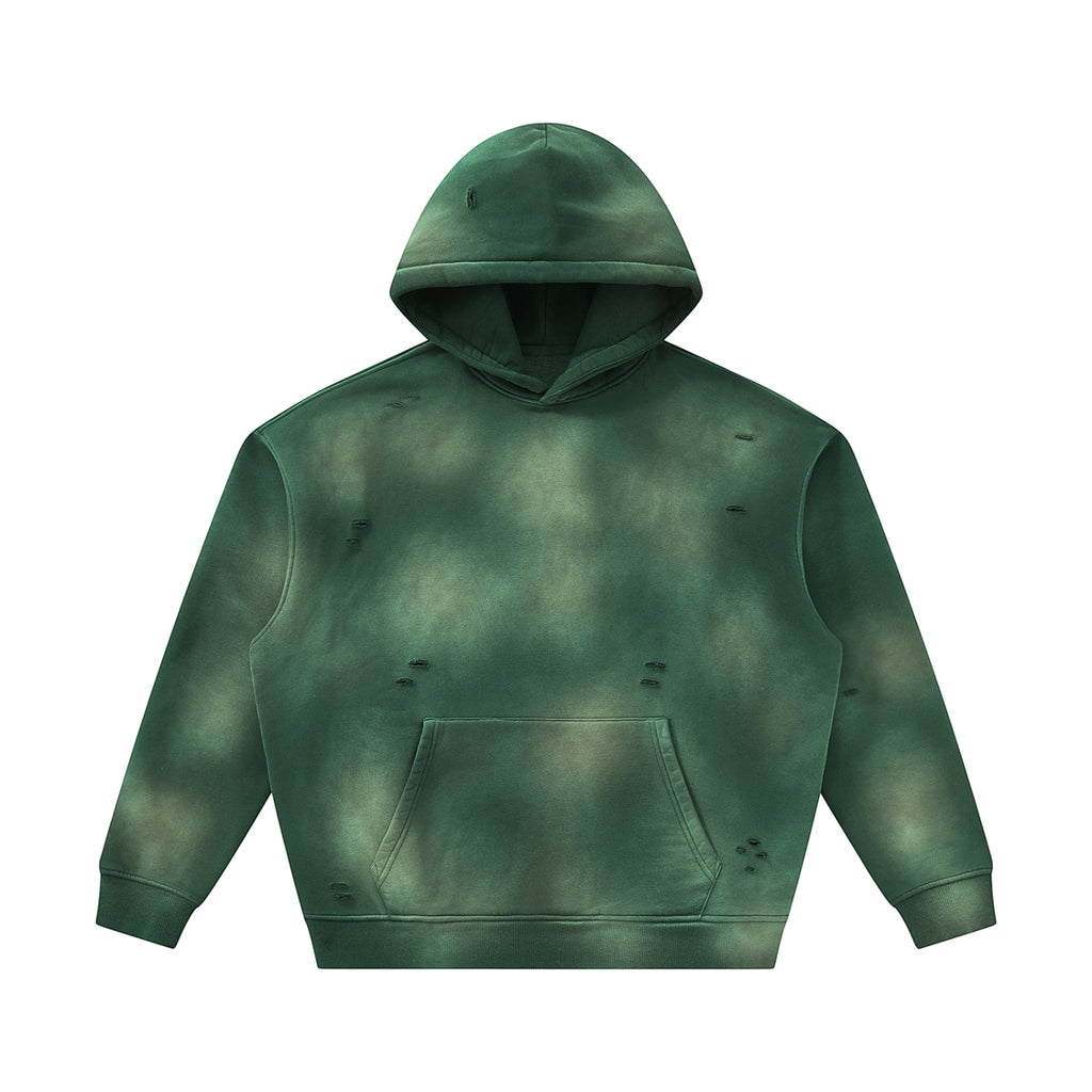 Anointed Garments distressed green pullover hoodie with a vintage washed finish, kangaroo pocket, and raw urban detailing.
