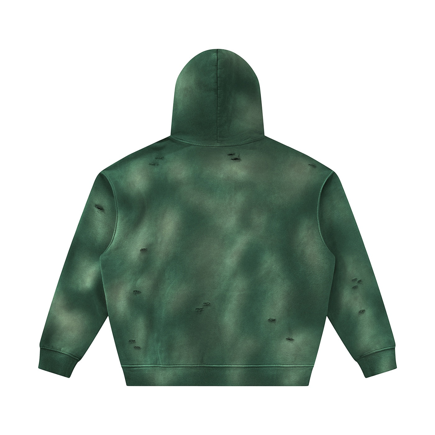 Anointed Garments distressed green pullover hoodie with a vintage washed finish and raw ripped details, back view