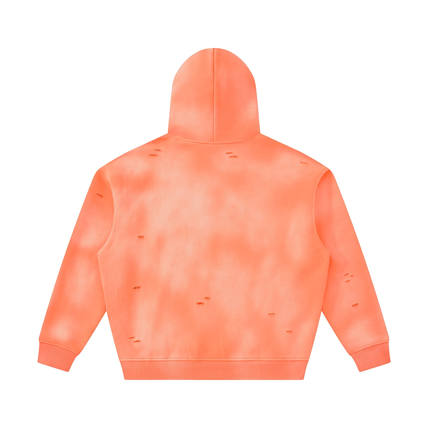 Back view of an Anointed Garments distressed pullover hoodie in a vibrant coral orange with a vintage washed finish.