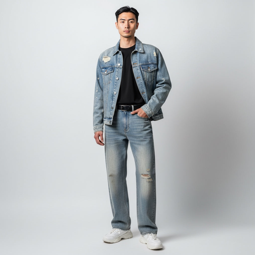 Anointed Garments model wearing distressed medium-wash wide-leg denim jeans and a matching denim jacket.