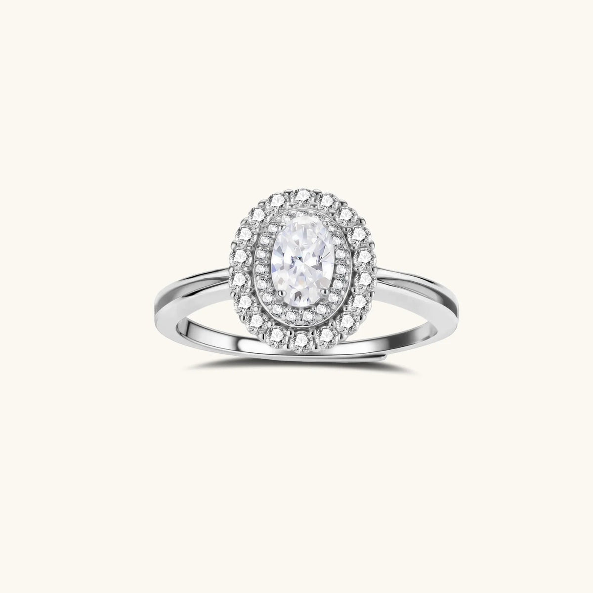 Anointed Garments double halo moissanite promise ring in platinum-plated 925 sterling silver with a polished finish.