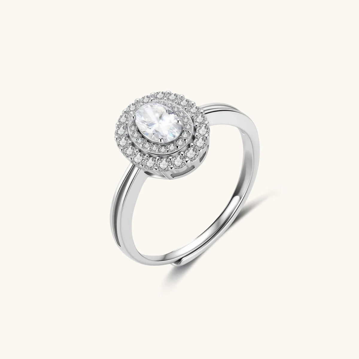 Anointed Garments double halo promise ring featuring a 0.5ct oval moissanite in platinum-plated 925 sterling silver.