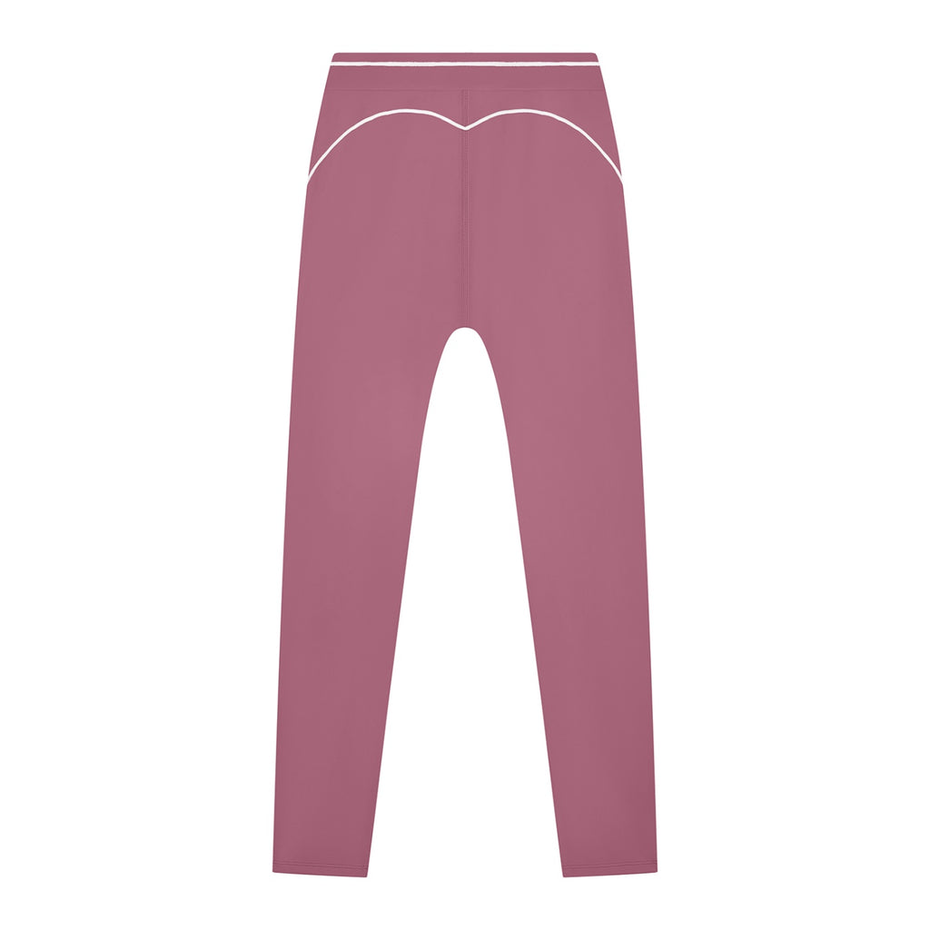 Anointed Garments high-waisted athletic leggings in dusty rose with white contrast piping detail on the back.