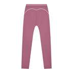 Anointed Garments high-waisted athletic leggings in dusty rose with white contrast piping detail on the back.
