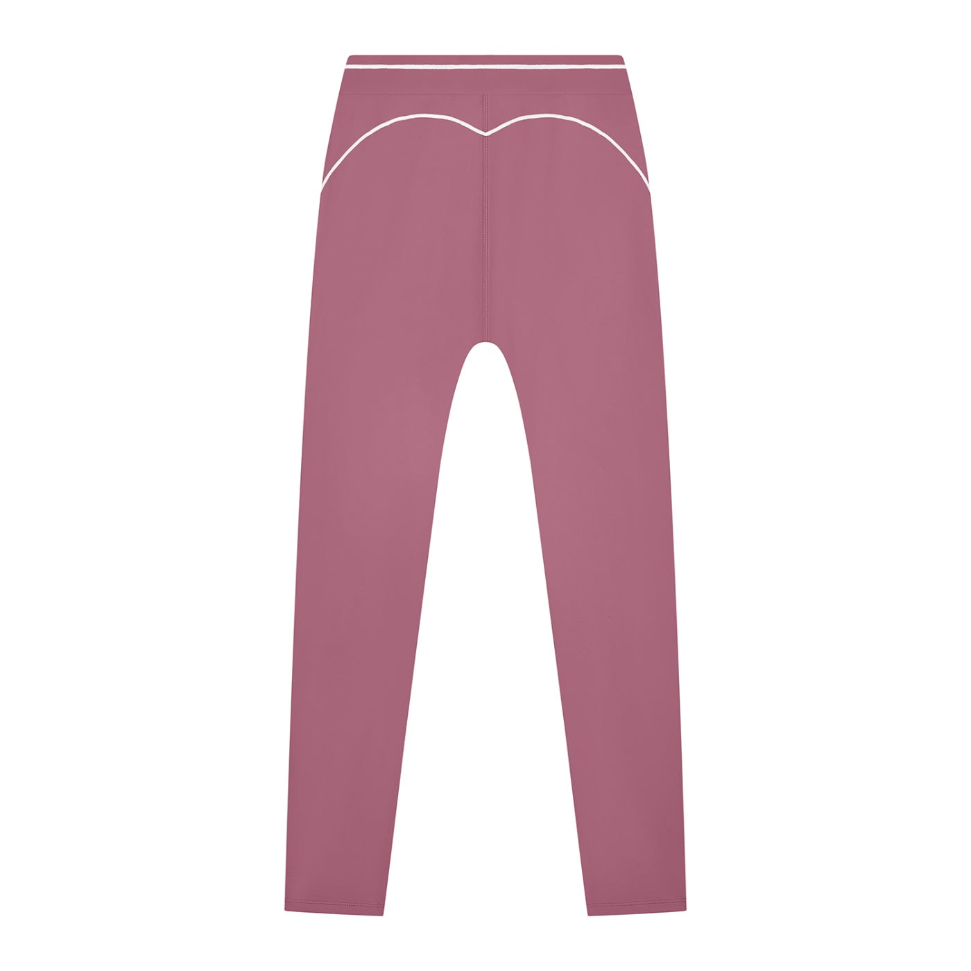 Anointed Garments high-waisted athletic leggings in dusty rose with white contrast piping detail on the back.