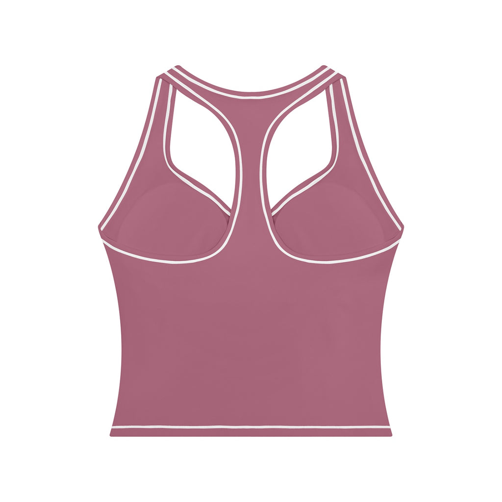 Anointed Garments dusty rose racerback performance tank top with white contrast piping and built-in support.