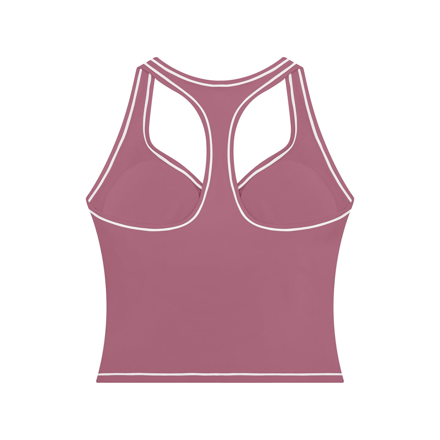 Anointed Garments dusty rose racerback performance tank top with white contrast piping and built-in support.