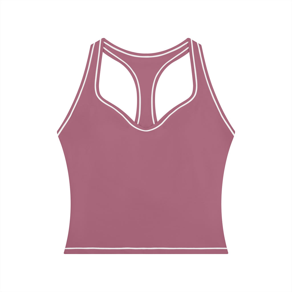 Anointed Garments dusty rose yoga tank top with white topstitching, U-neck, and racerback design in stretchy fabric.