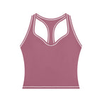 Anointed Garments dusty rose yoga tank top with white topstitching, U-neck, and racerback design in stretchy fabric.