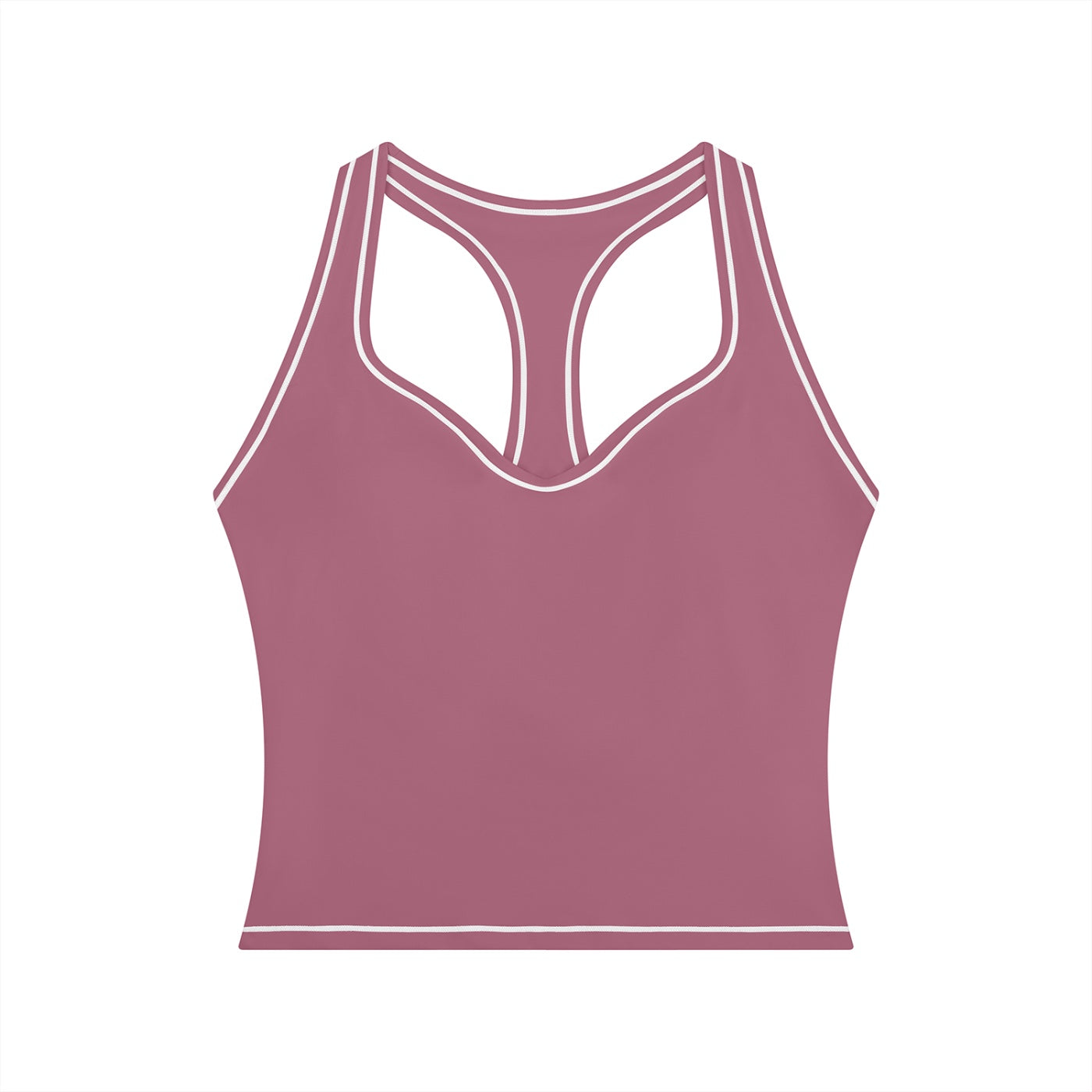 Anointed Garments dusty rose yoga tank top with white topstitching, U-neck, and racerback design in stretchy fabric.