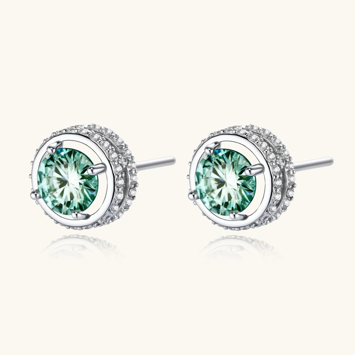 Anointed Garments emerald green round-cut moissanite halo stud earrings in platinum-plated 925 sterling silver.