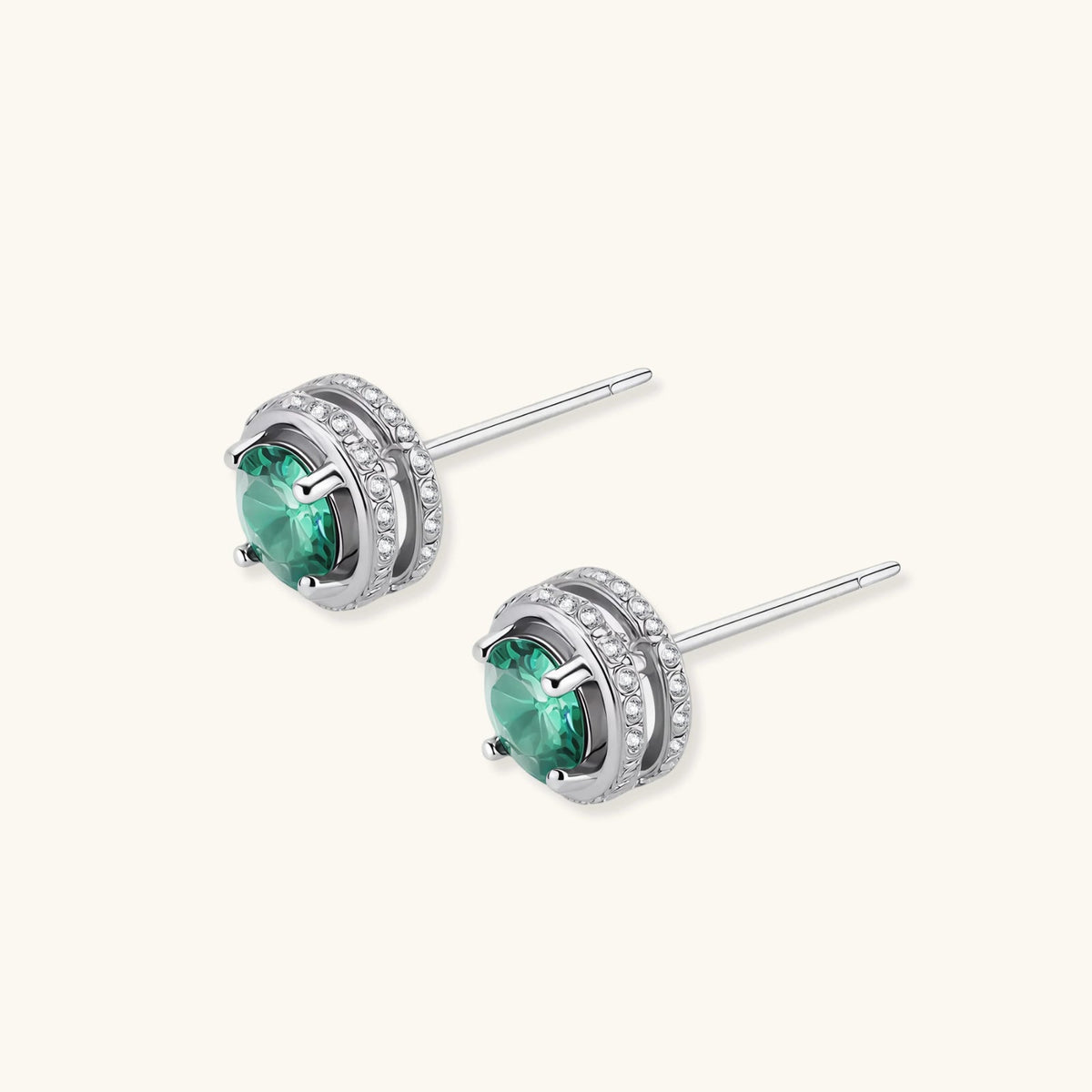 Anointed Garments emerald green round moissanite halo stud earrings in platinum-plated 925 sterling silver.