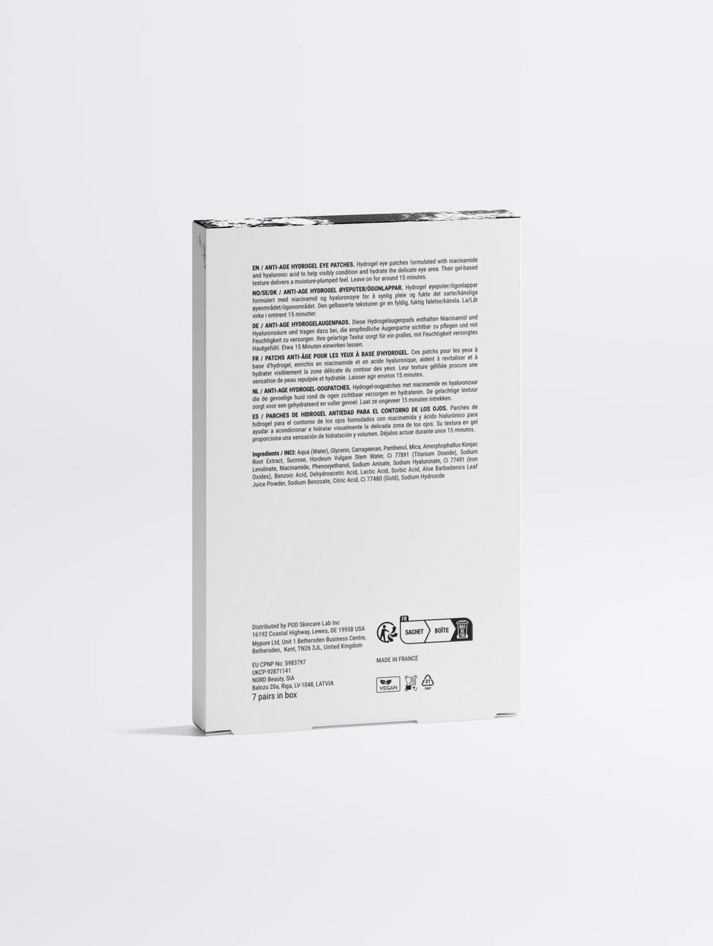 Back of Anointed Garments Anti-Age Hydrogel Eye Patches box showing ingredients and usage instructions in multiple languages