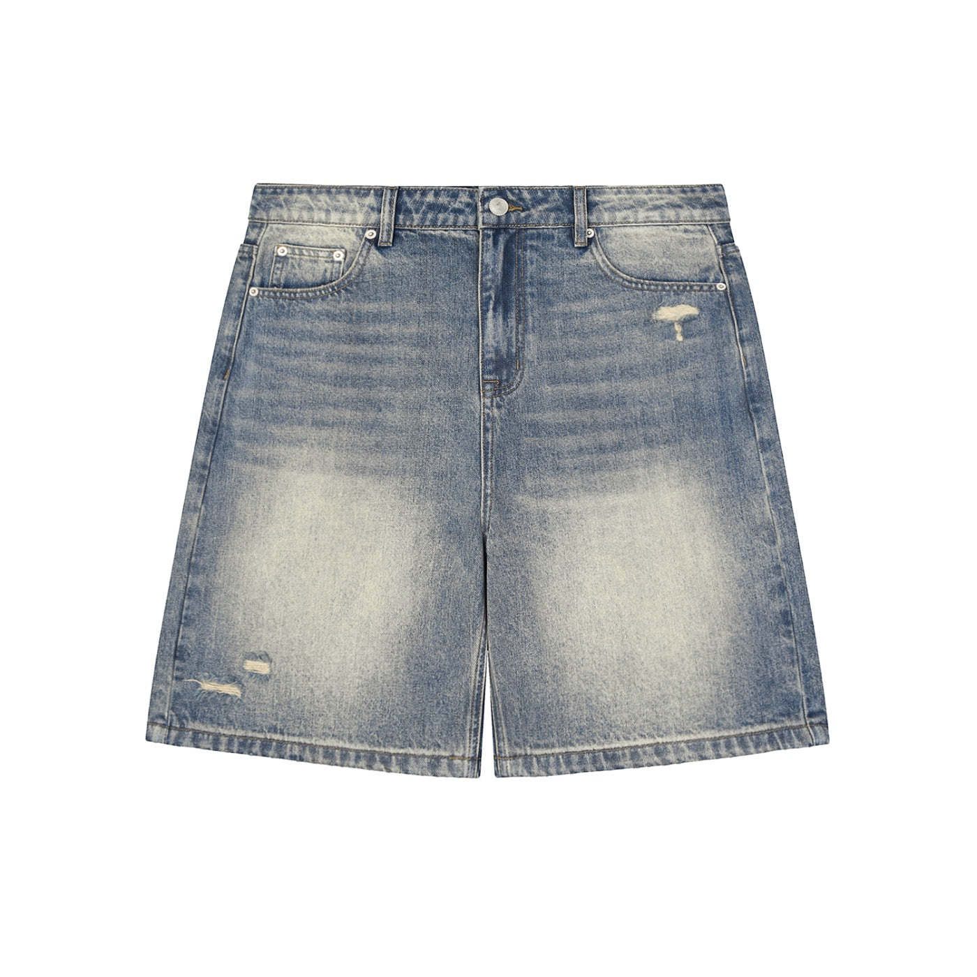 Anointed Garments faded blue denim shorts with a baggy fit, distressed ripped details, and a mid-waist design.