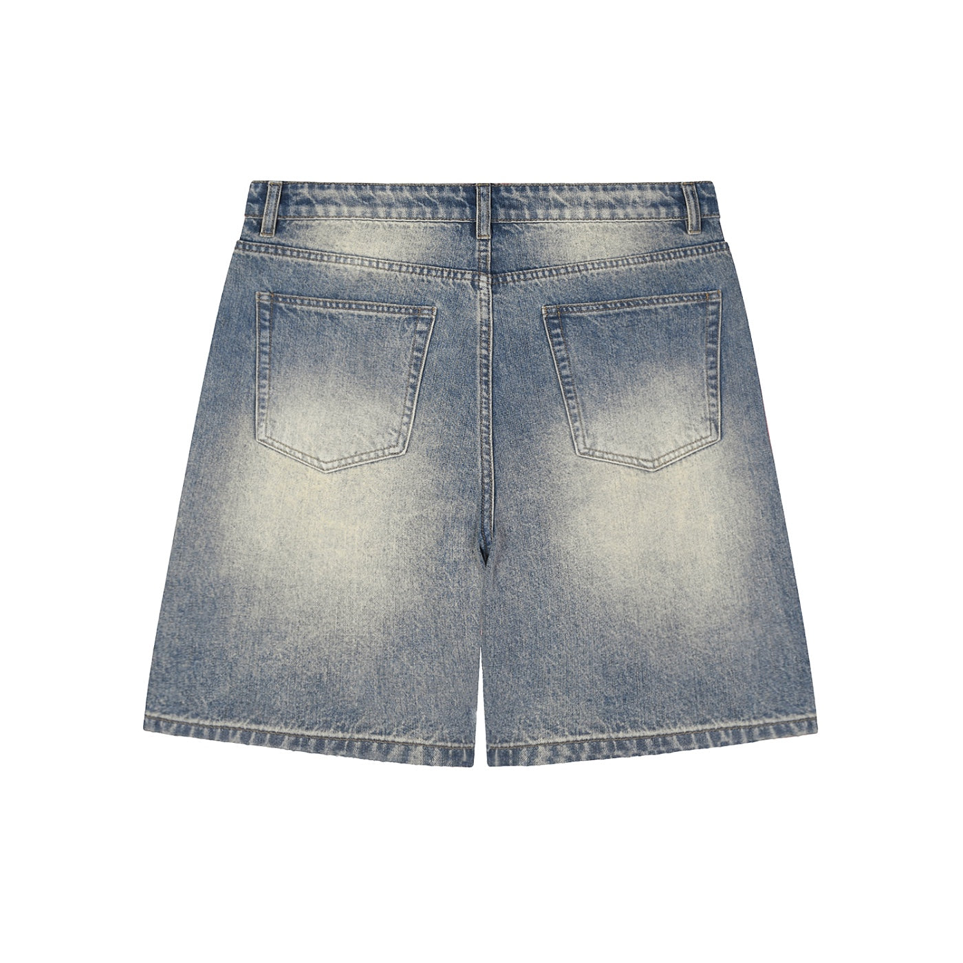 Anointed Garments unisex baggy denim shorts in a faded blue wash with a distressed vintage look and back pockets.