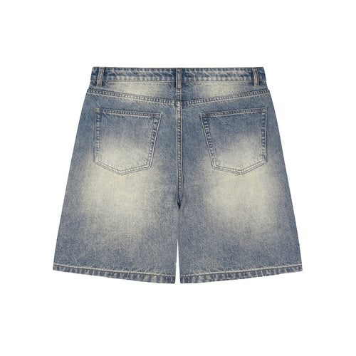 Anointed Garments unisex baggy denim shorts in a faded blue wash with a distressed vintage look and back pockets.