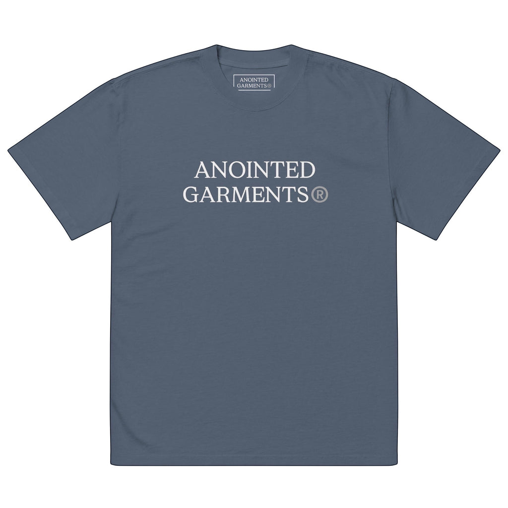 Anointed Garments oversized faded blue cotton t-shirt with white brand logo print and wide neck ribbing