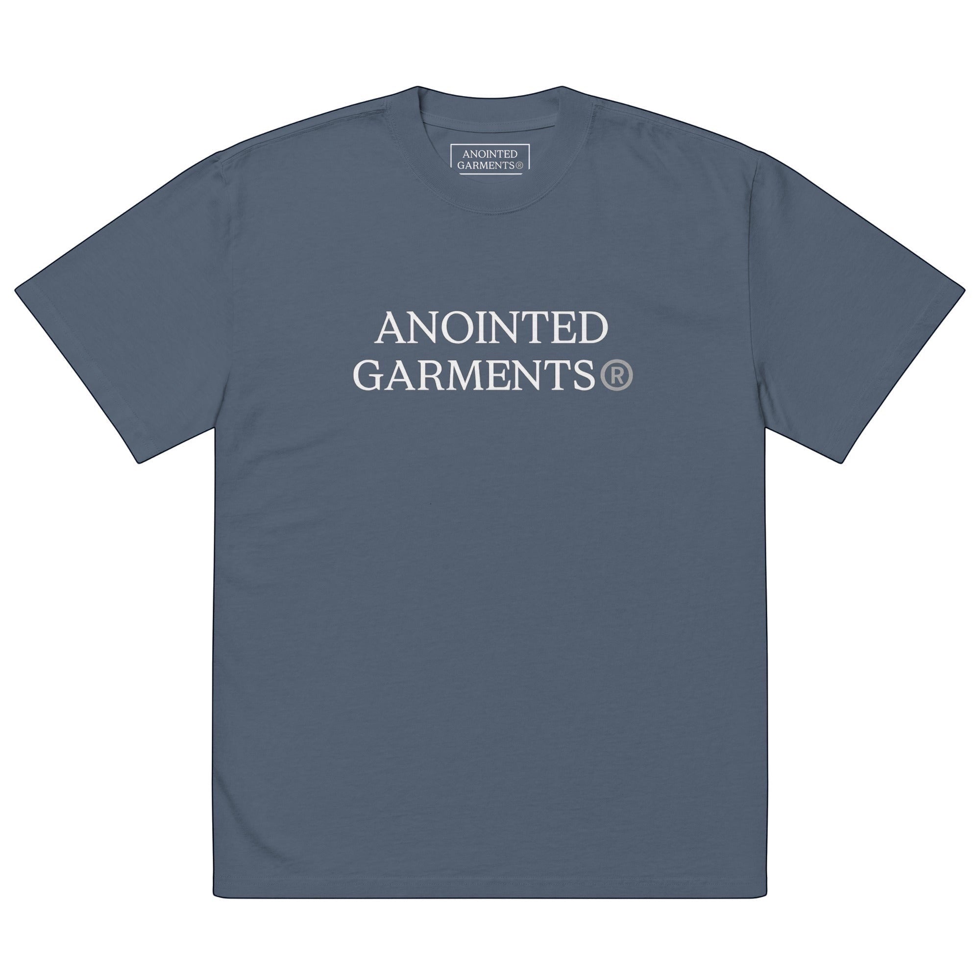 Anointed Garments oversized faded blue cotton t-shirt with white brand logo print and wide neck ribbing