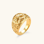 Anointed Garments 18K gold-plated stainless steel signet ring featuring a prominent cross and ornate filigree detail.