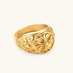 Anointed Garments 18K gold-plated stainless steel signet ring featuring a prominent cross and ornate filigree detail.