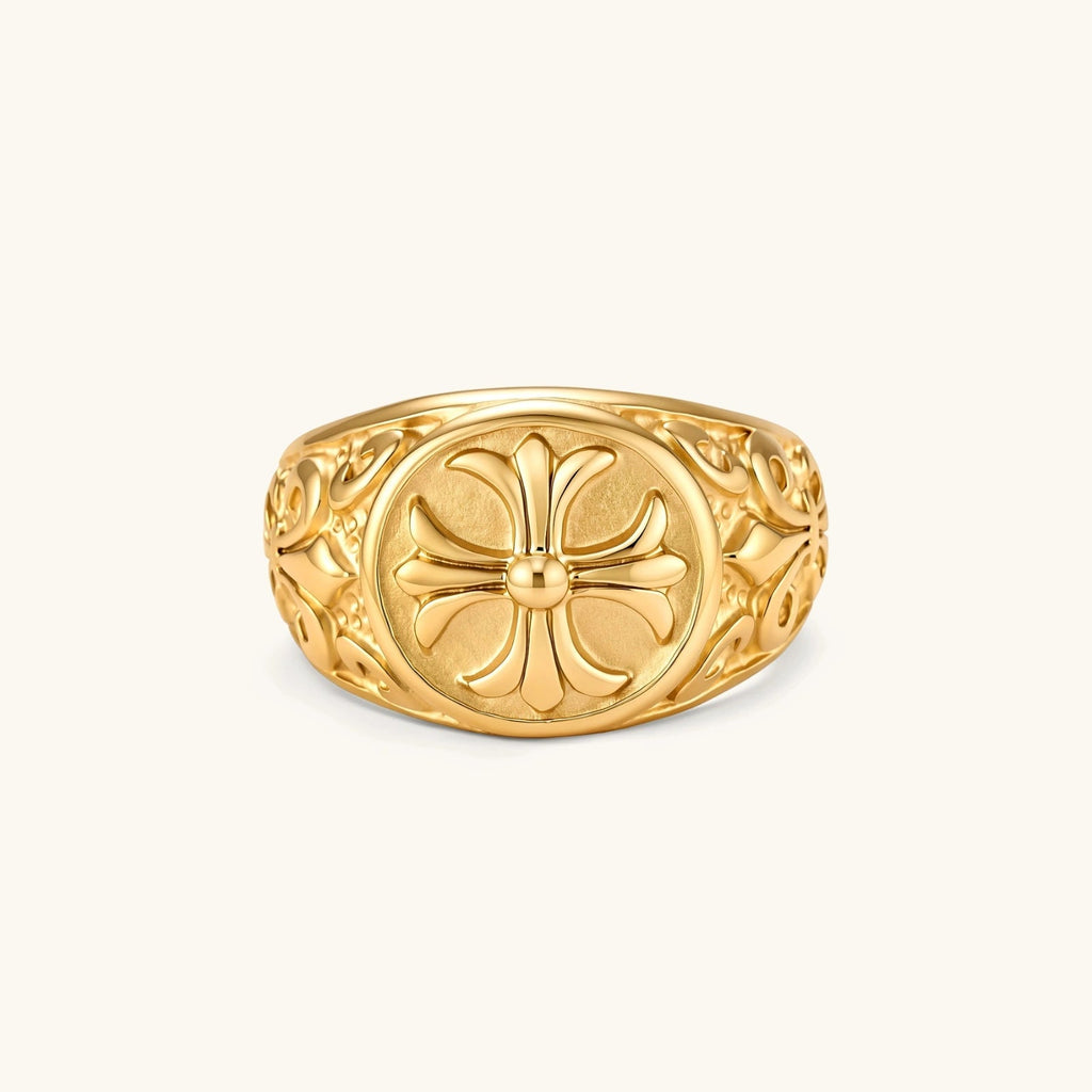 Anointed Garments 18K gold-plated stainless steel signet ring featuring an ornate cross and intricate filigree detail.