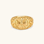 Anointed Garments 18K gold-plated stainless steel signet ring featuring an ornate cross and intricate filigree detail.