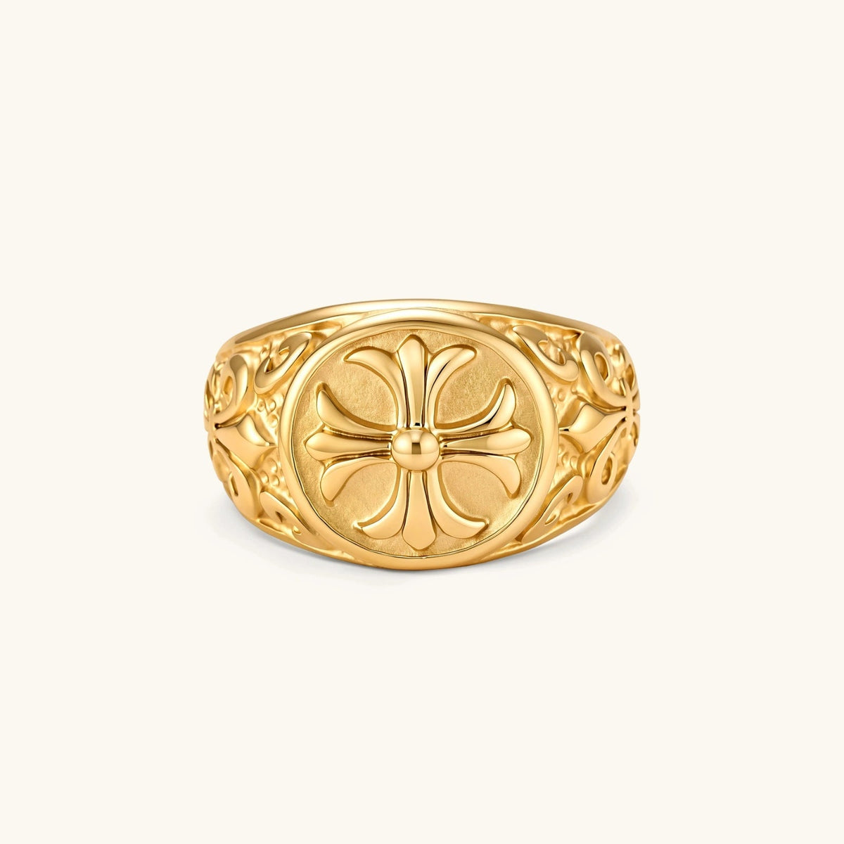 Anointed Garments 18K gold-plated stainless steel signet ring featuring an ornate cross and intricate filigree detail.