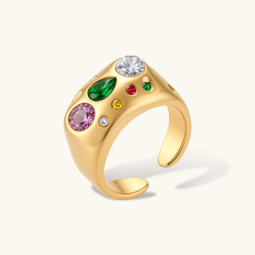 Anointed Garments chunky 18K gold-plated dome ring featuring multi-colored cubic zirconia gemstones in an adjustable fit