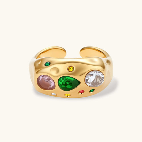 Anointed Garments chunky 18K gold-plated dome ring featuring multi-colored cubic zirconia gemstones.