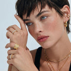 Anointed Garments 14K gold-plated sterling silver hoop earrings worn by a model with layered rings and necklaces
