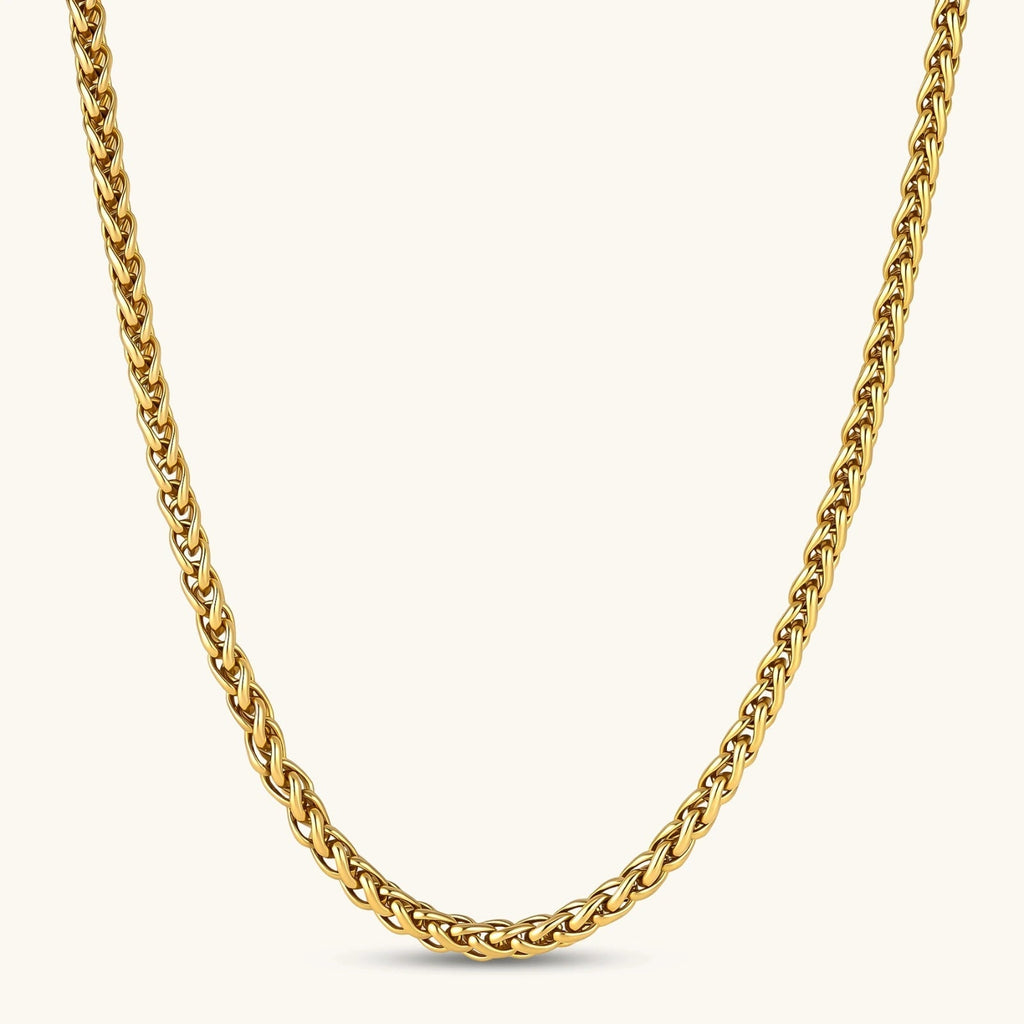 Anointed Garments 18K gold-plated stainless steel wheat chain necklace featuring a polished woven link design.