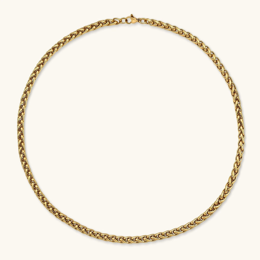 Anointed Garments 18K gold-plated stainless steel wheat chain necklace with a polished woven link design.