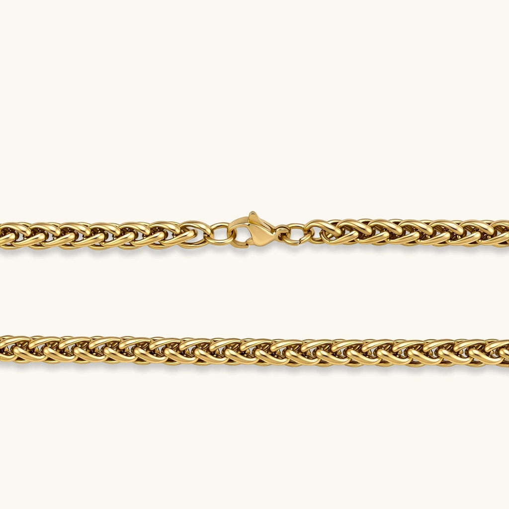 Anointed Garments 18K gold-plated stainless steel wheat chain necklace with a polished woven link design.