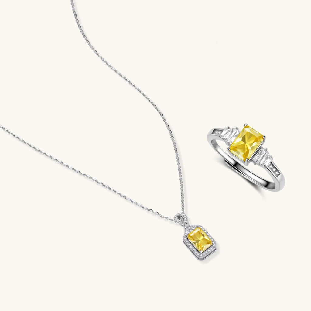 Anointed Garments Golden Radiance moissanite necklace and adjustable ring set in platinum-plated 925 sterling silver.