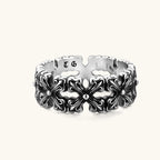 Anointed Garments sterling silver Gothic cross band ring with an oxidized finish and intricate engraved detailing.