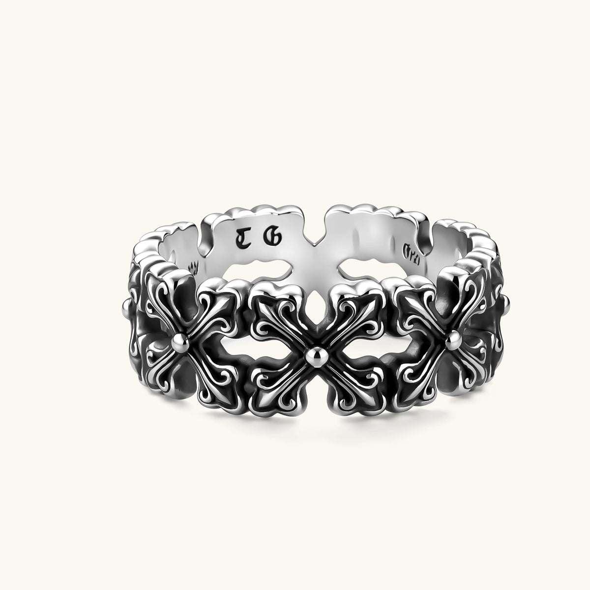 Anointed Garments sterling silver Gothic cross band ring with an oxidized finish and intricate engraved detailing.