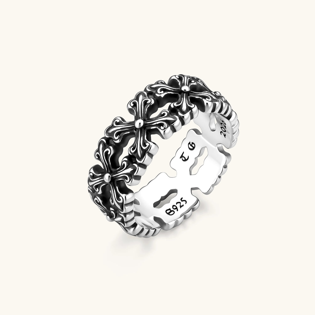 Anointed Garments sterling silver Gothic cross band ring with an oxidized finish and intricate engraved details.