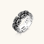 Anointed Garments sterling silver Gothic cross band ring with an oxidized finish and intricate engraved details.