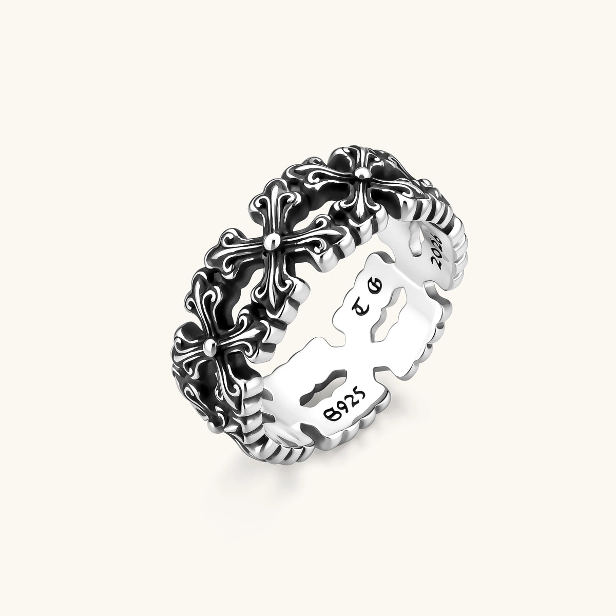 Anointed Garments sterling silver Gothic cross band ring with an oxidized finish and intricate engraved details.