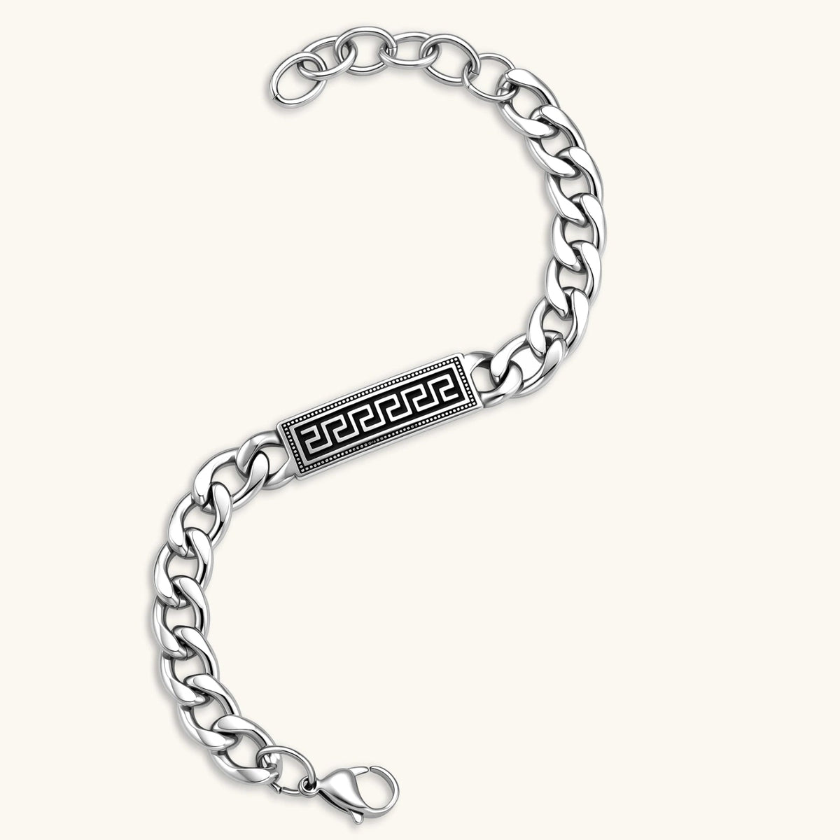 Anointed Garments Greek Key ID bracelet featuring a polished stainless steel curb chain and matte-black enamel detail.