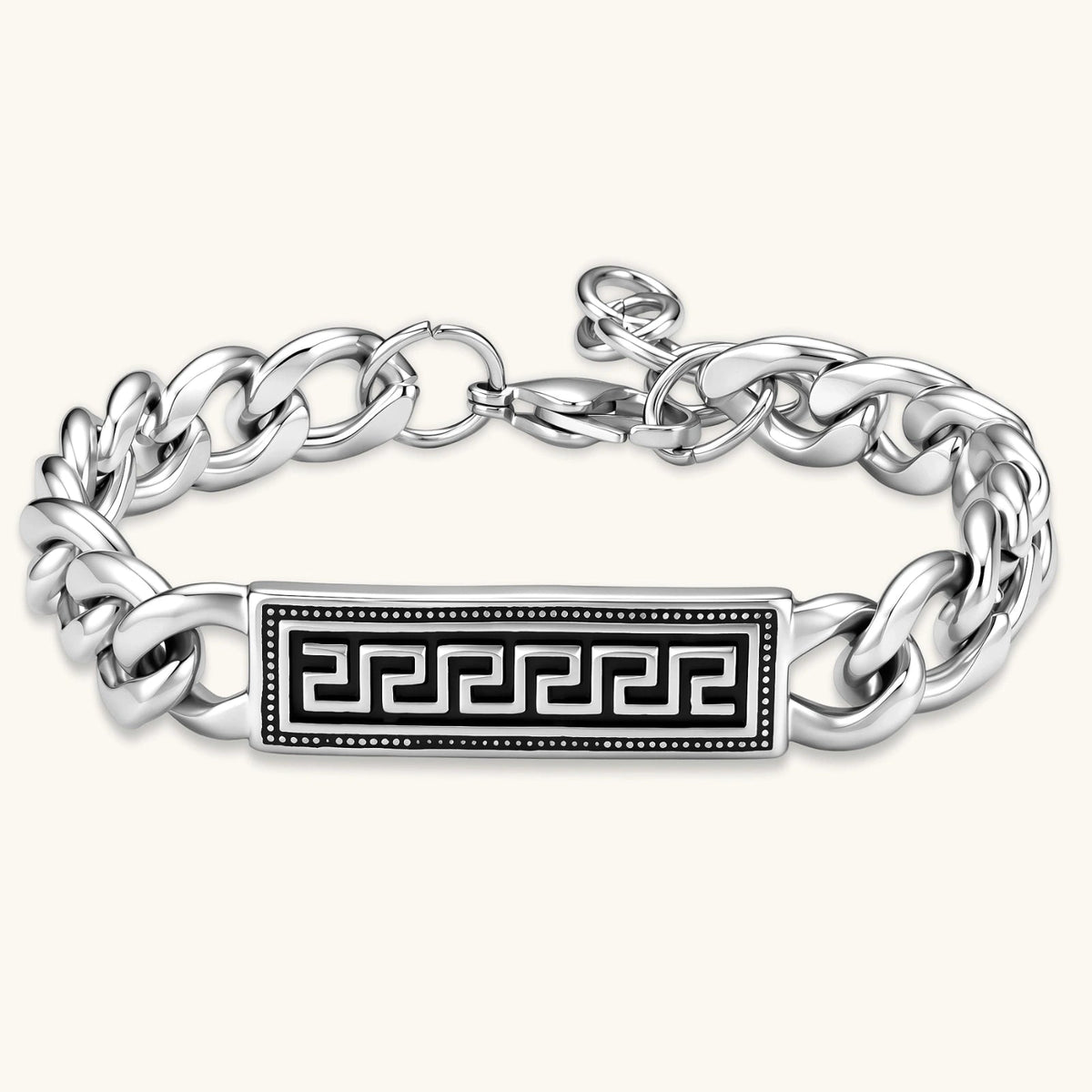 Anointed Garments stainless steel ID bracelet featuring a curb chain and a Greek key motif in matte-black enamel.