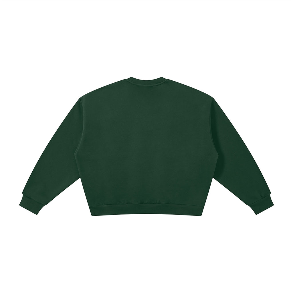 Anointed Garments dark green heavyweight cotton blend crewneck sweatshirt with ribbed cuffs and hem, back view.