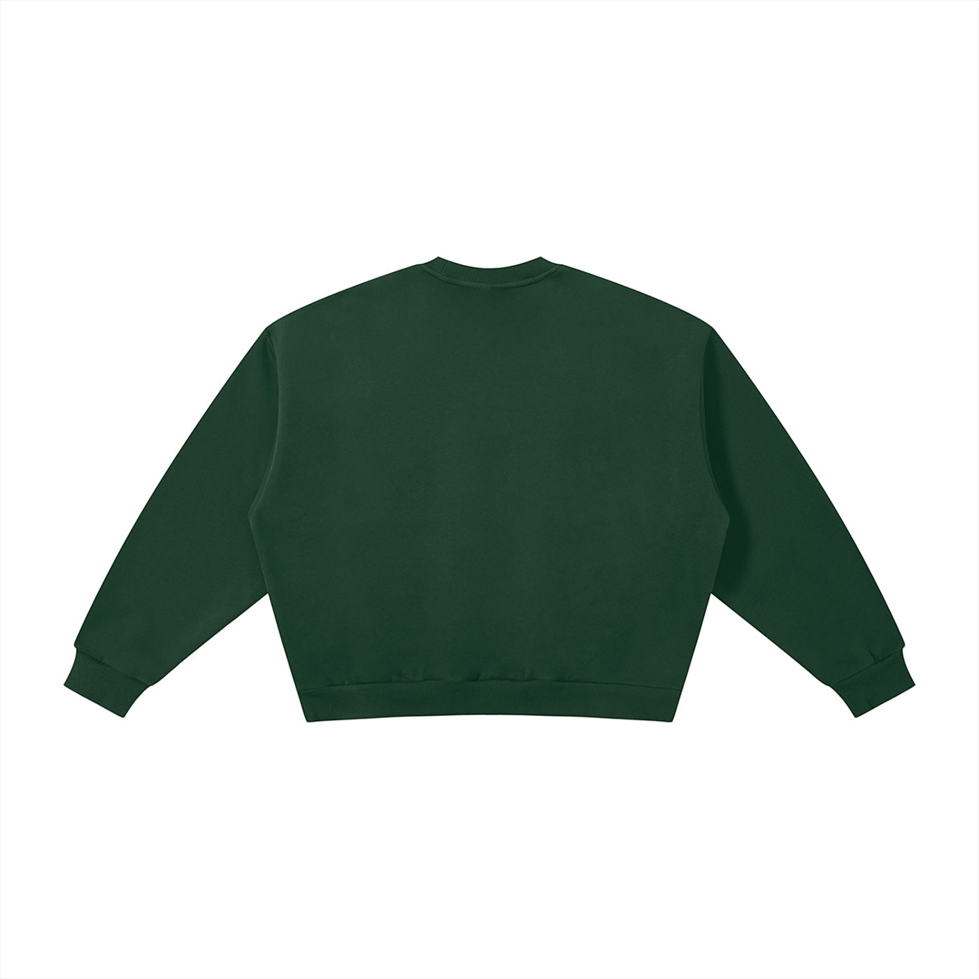 Anointed Garments dark green heavyweight cotton blend crewneck sweatshirt with ribbed cuffs and hem, back view.