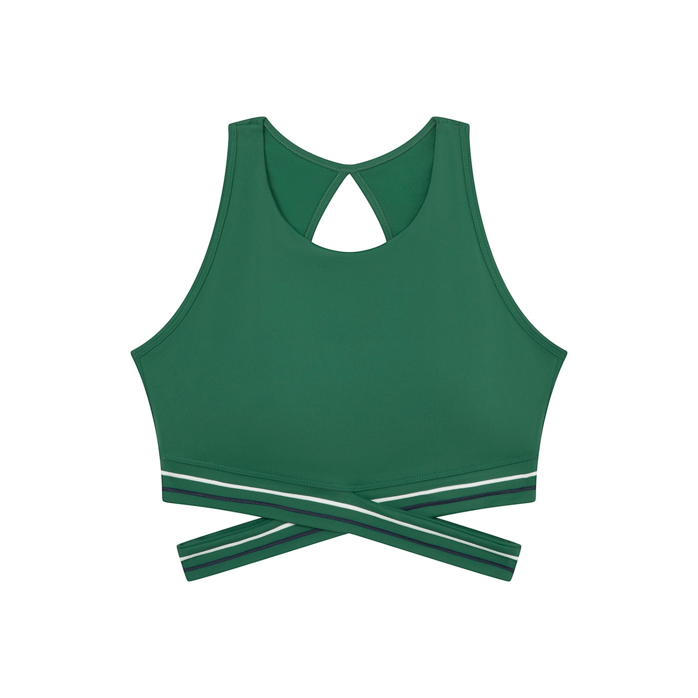 Anointed Garments green sports bra with a round neck, backless design, and stylish criss-cross elastic hem bands.