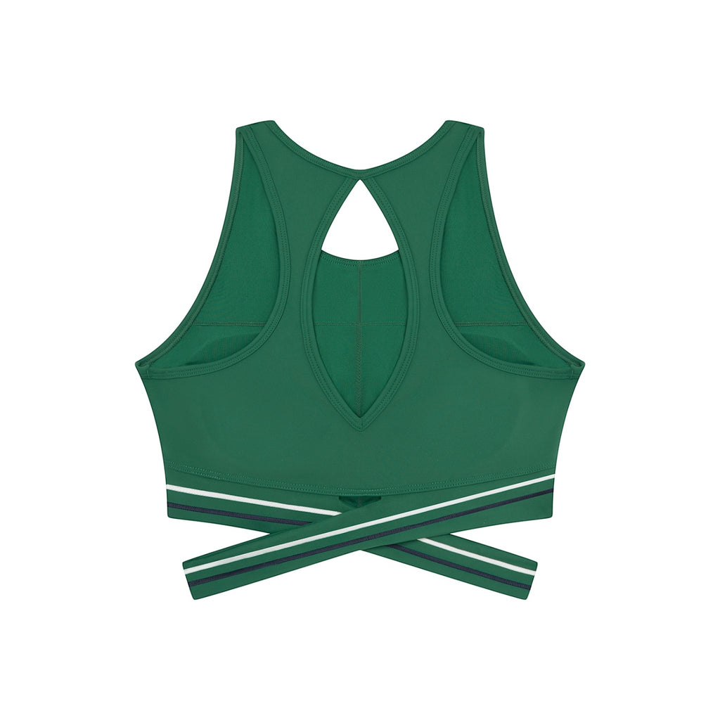 Anointed Garments green sports bra with a backless design, round neck, and criss-cross elastic bands at the hem.